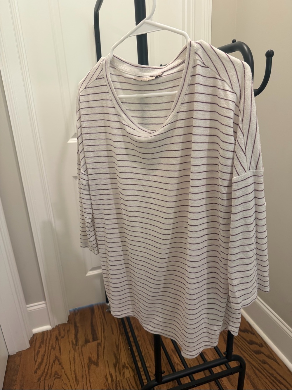 LOFT White Tee with Lavender Stripes - Long Sleeve